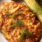 Crispy pickle-brined chicken served with pickles and lemon wedges on a rustic wooden table.