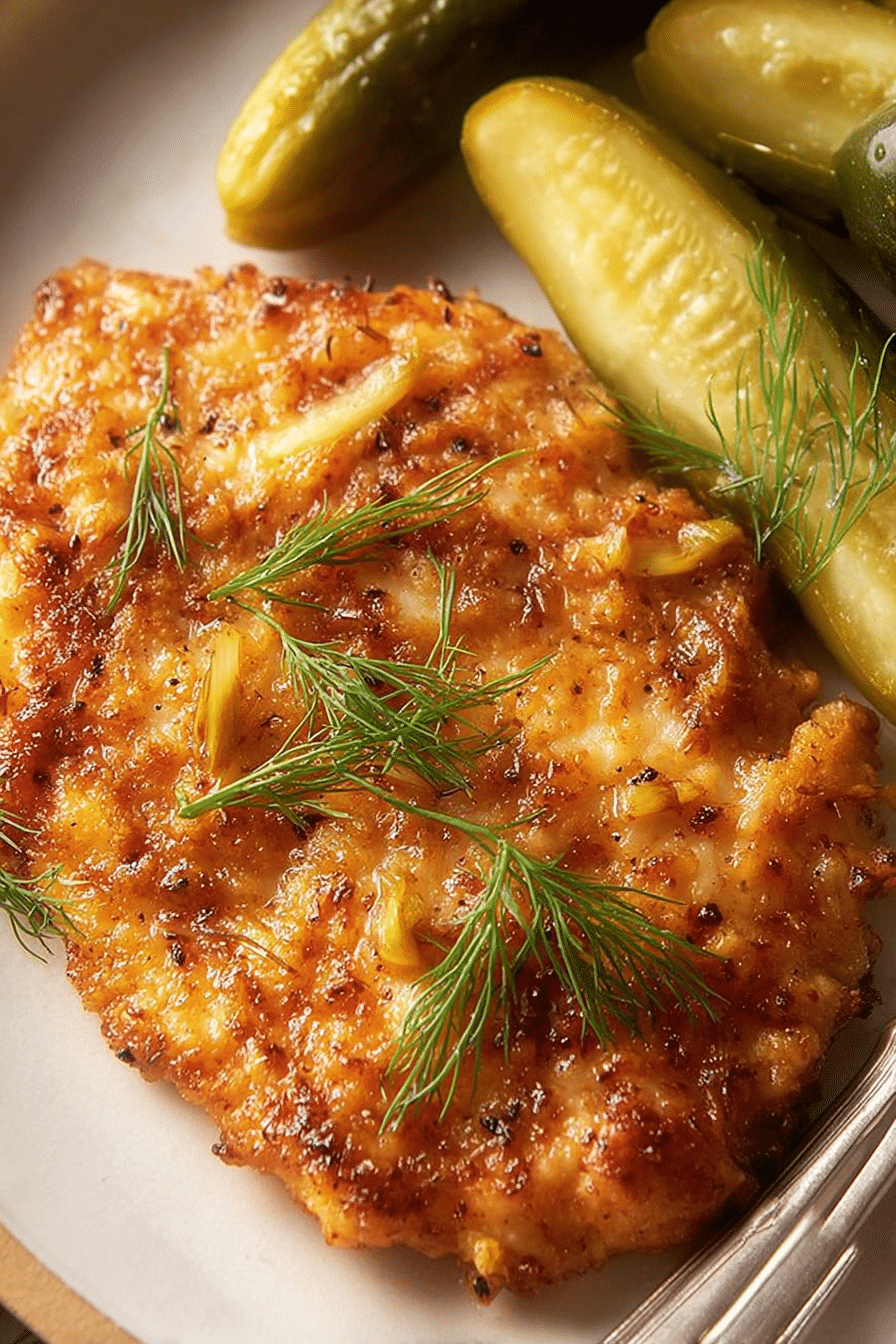 Crispy pickle-brined chicken served with pickles and lemon wedges on a rustic wooden table.