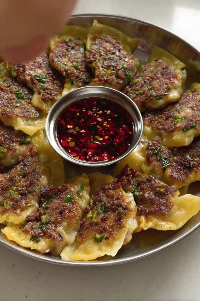 Crispy smashed gyozas on a plate with chili oil and scallions, highlighting the delicious filling and golden-brown wonton wrappers.