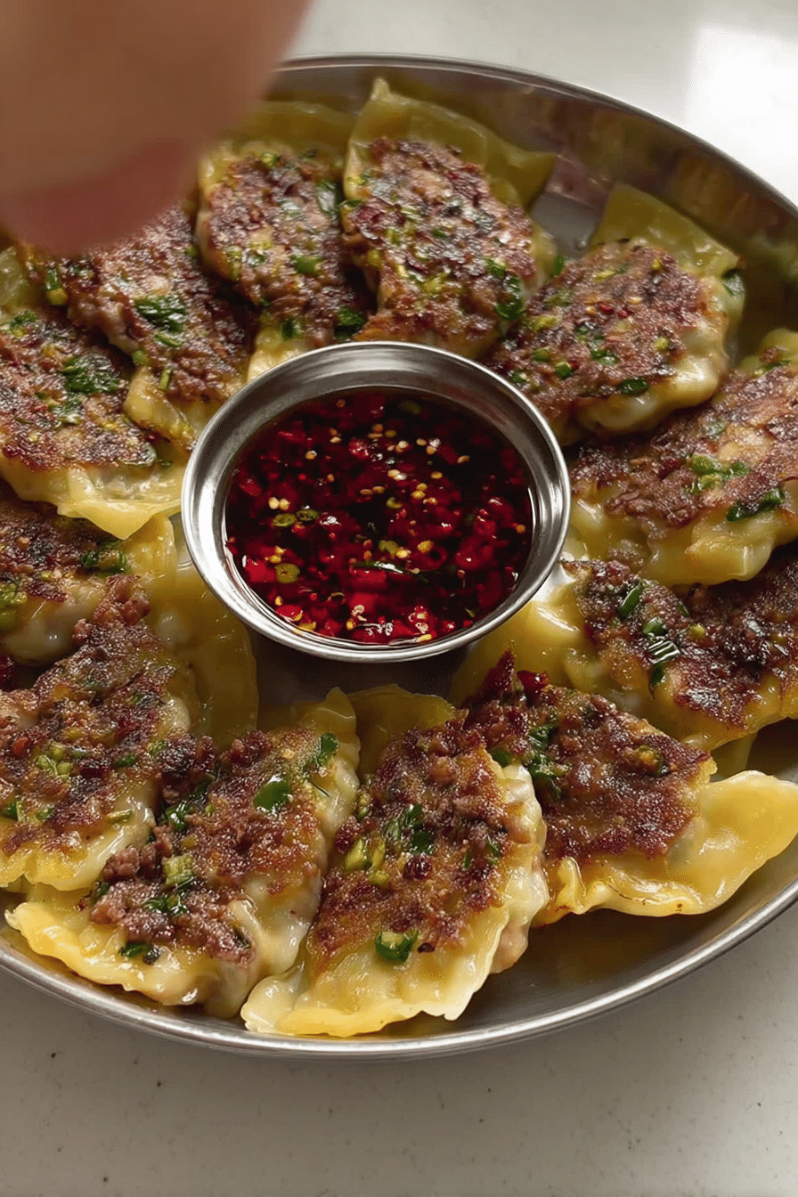 Crispy smashed gyozas on a plate with chili oil and scallions, highlighting the delicious filling and golden-brown wonton wrappers.