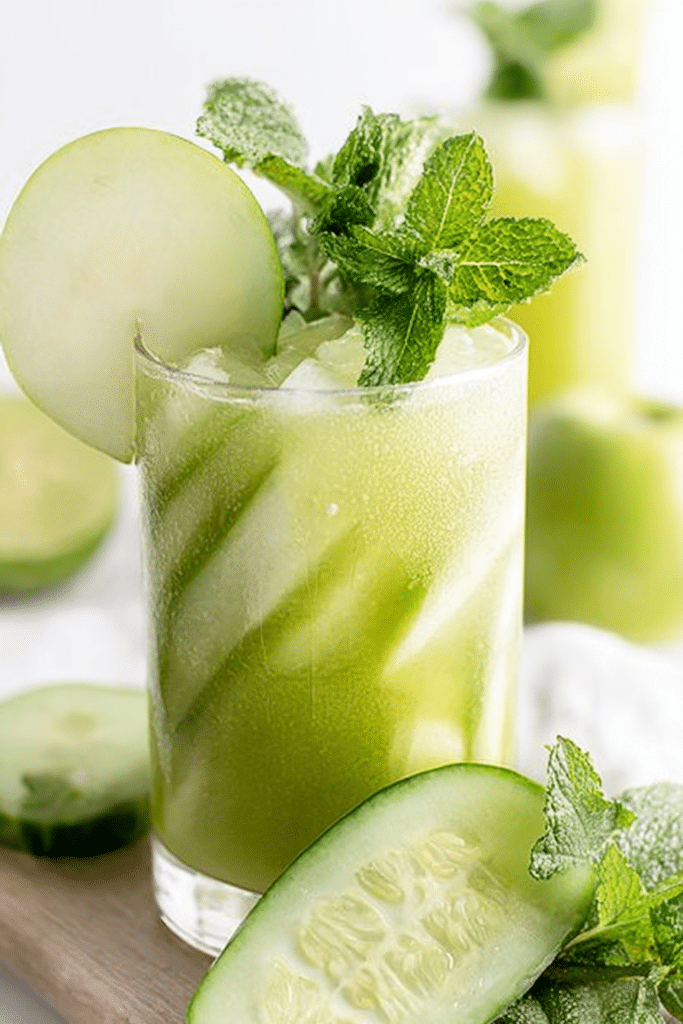 Refreshing cucumber mint cooler in a glass on a wooden table, garnished with cucumber slices and mint leaves.