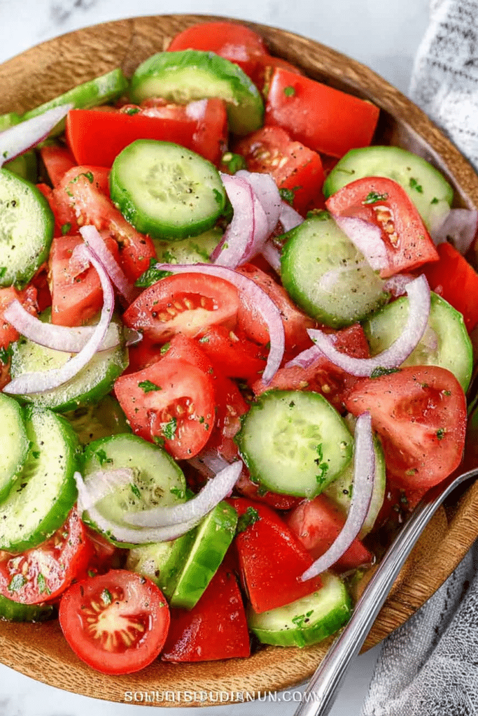 Fresh cucumber tomato salad in a bowl with herbs and olive oil, perfect for summer meals.