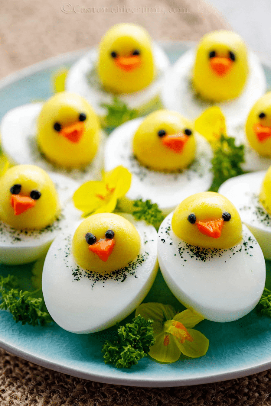 Festive platter of adorable deviled egg chicks for Easter, garnished with parsley and surrounded by colorful decorations.