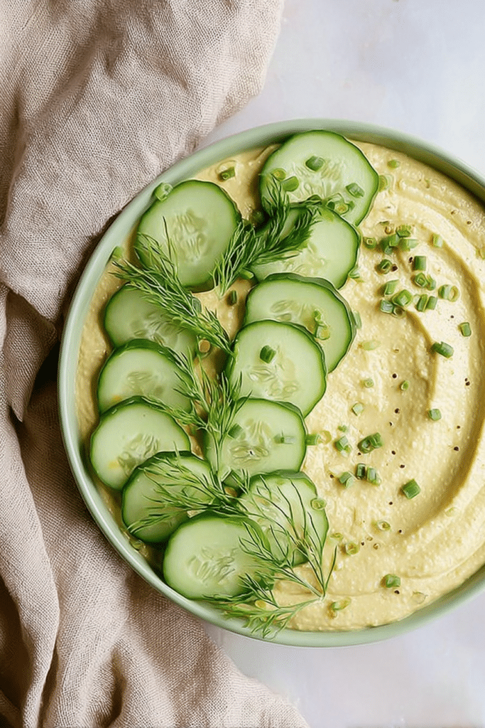 Bowl of dill pickle hummus with fresh vegetables and pita chips, garnished with dill and pickles