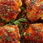 Plated easy apricot-glazed chicken thighs garnished with cilantro and served over rice.