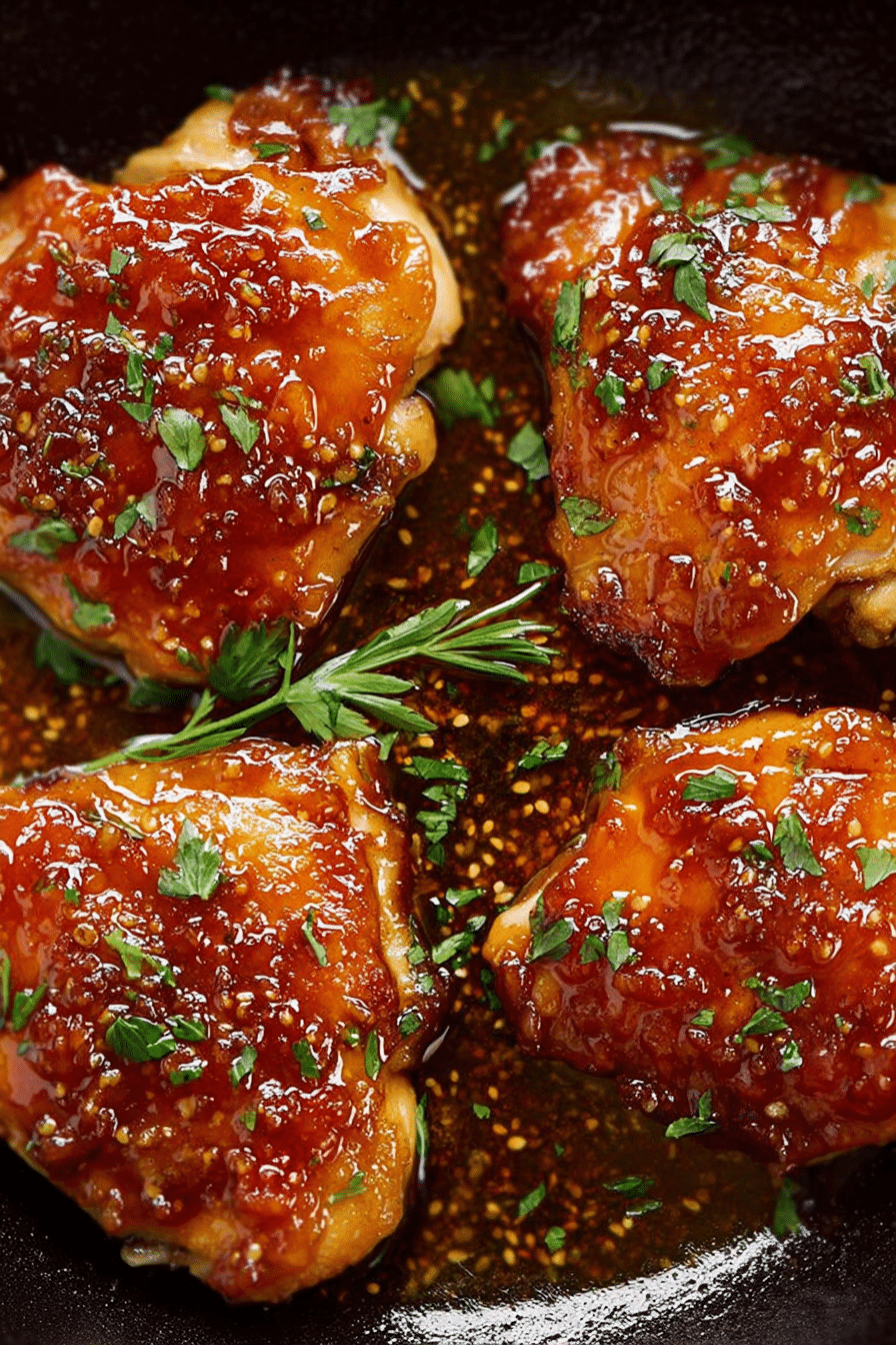 Plated easy apricot-glazed chicken thighs garnished with cilantro and served over rice.