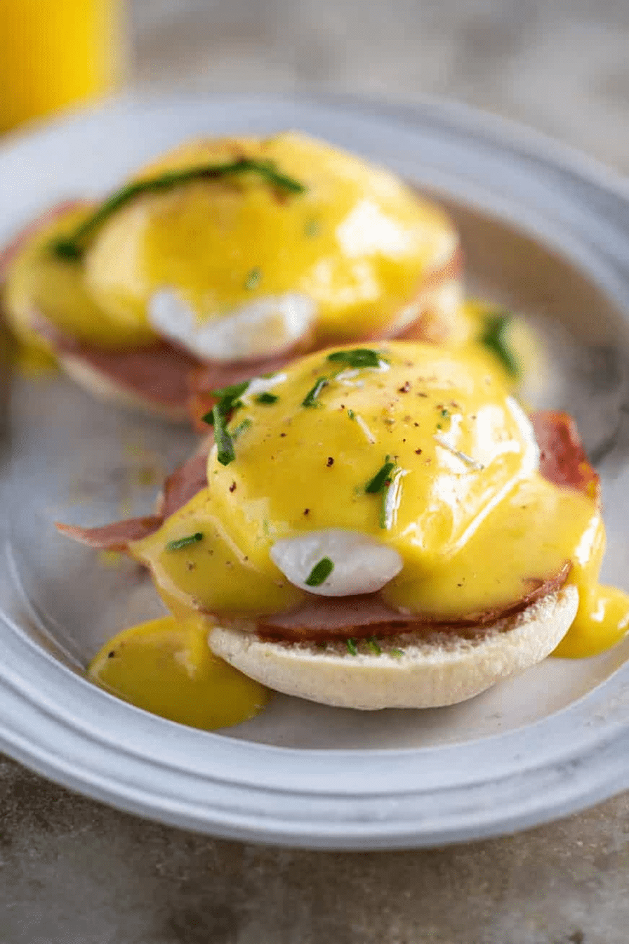Delicious Eggs Benedict with poached egg, Canadian bacon, and homemade hollandaise sauce on a toasted English muffin.