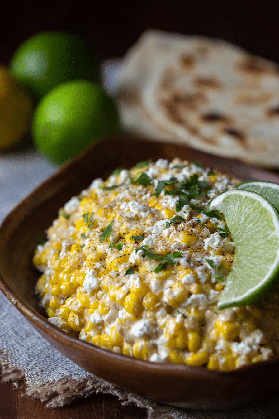 Delicious elote Mexican street corn topped with cotija cheese and cilantro served on a plate with lime wedges.