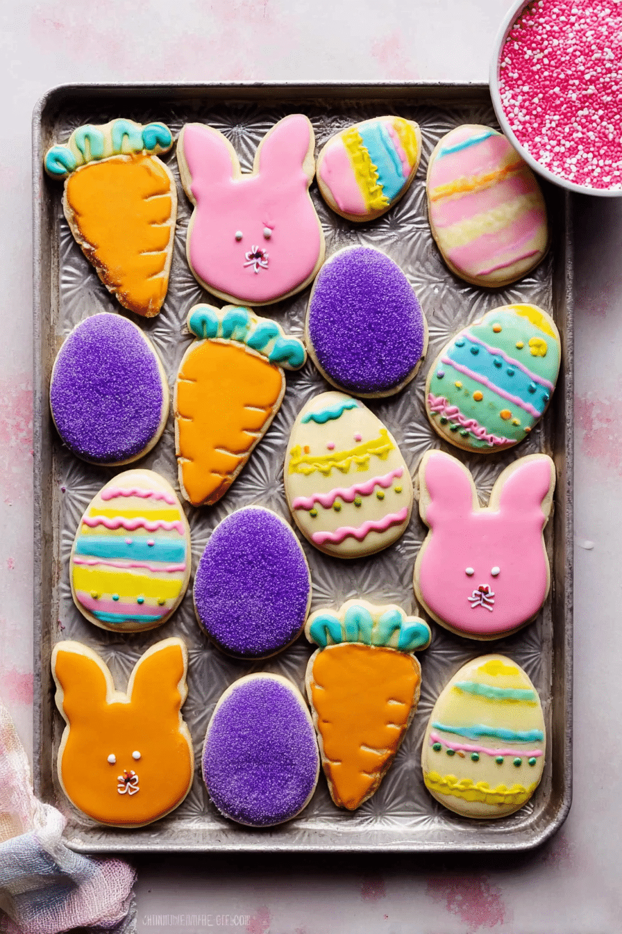 Festively decorated Easter cookies in the shape of eggs, bunnies, and carrots with vibrant icing and sprinkles on a decorative platter.