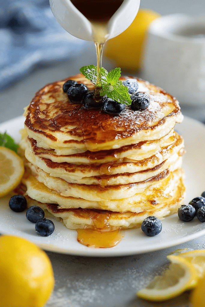 Fluffy lemon ricotta pancakes topped with fresh strawberries and syrup served on a white plate with lemon slices.