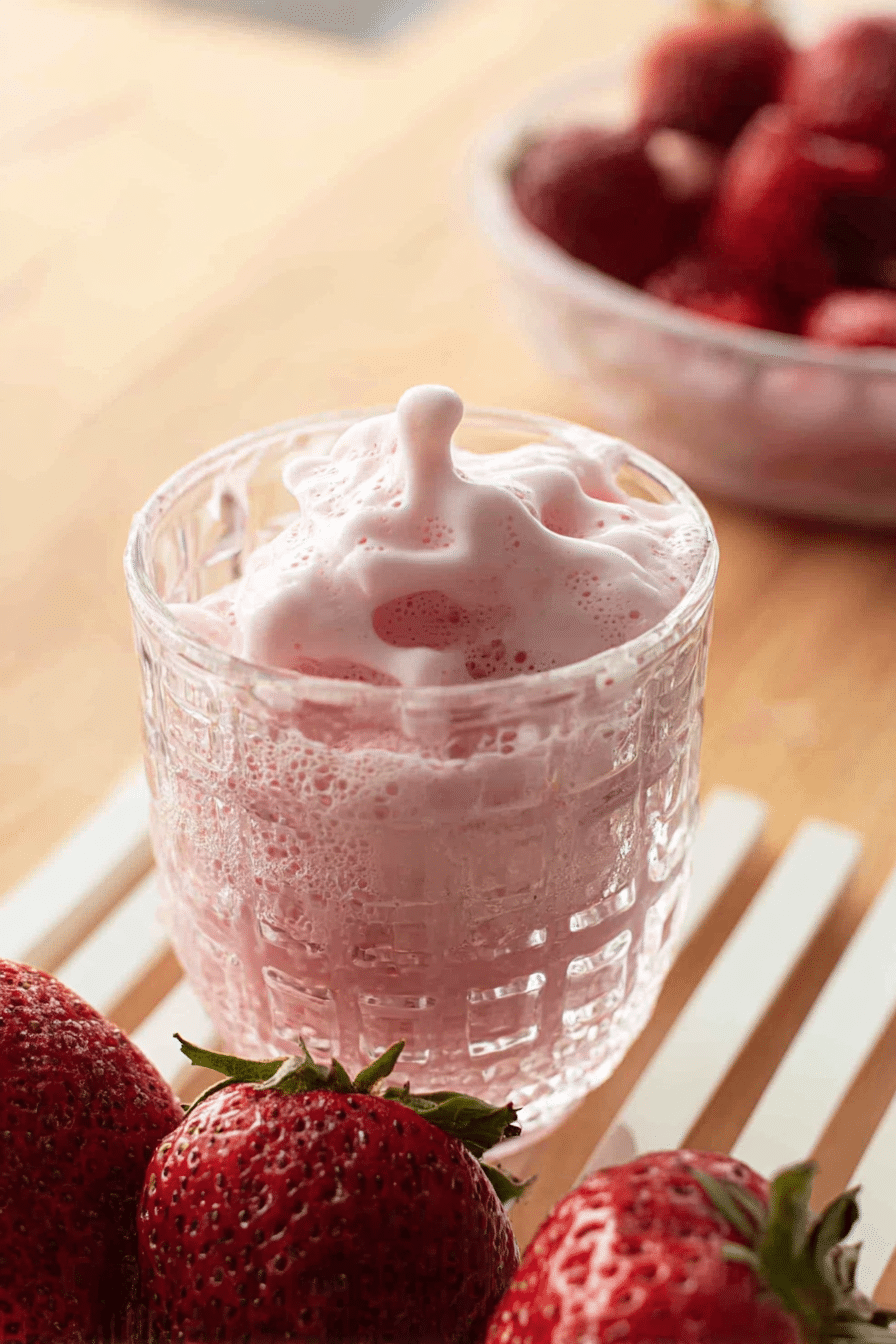 Tall glass of fluffy strawberry cold foam topped with fresh strawberries and mint on a wooden table.