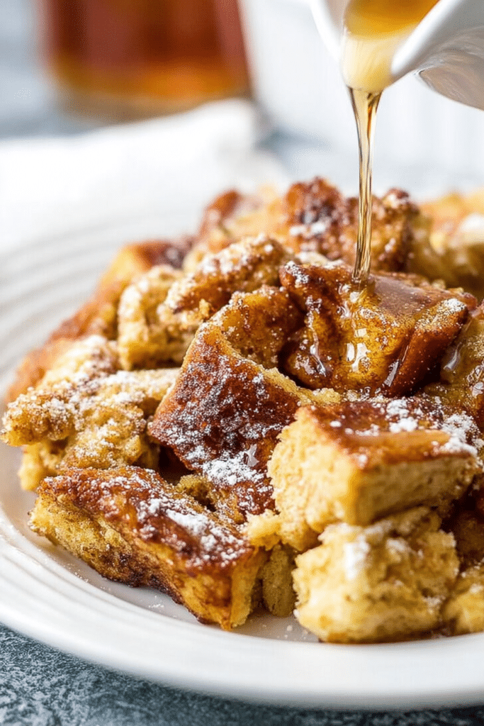 Close-up of a delicious French Toast Casserole topped with powdered sugar and cinnamon.