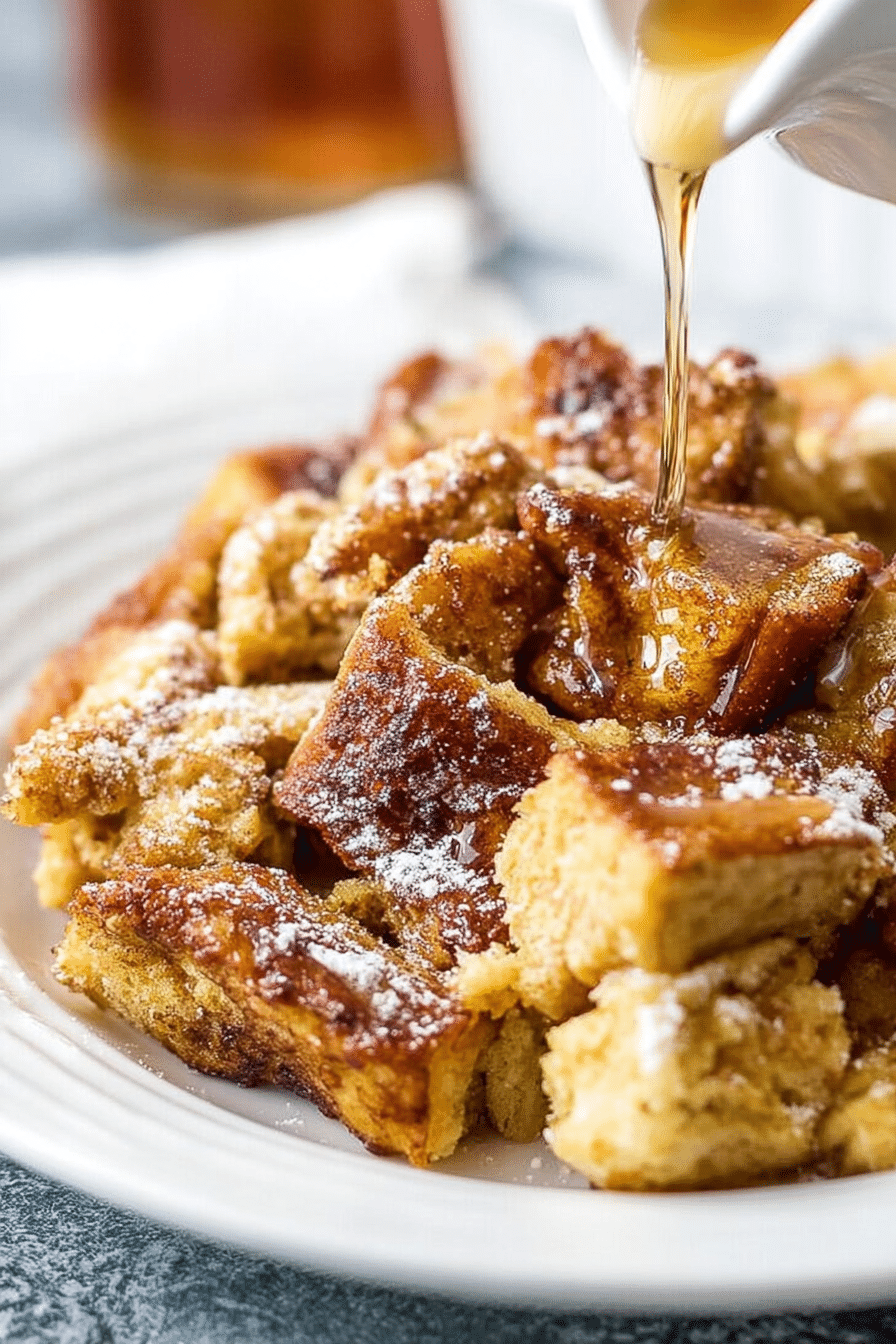 Close-up of a delicious French Toast Casserole topped with powdered sugar and cinnamon.
