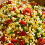 Fresh corn salad in a bowl with tomatoes, cucumber, feta, and herbs