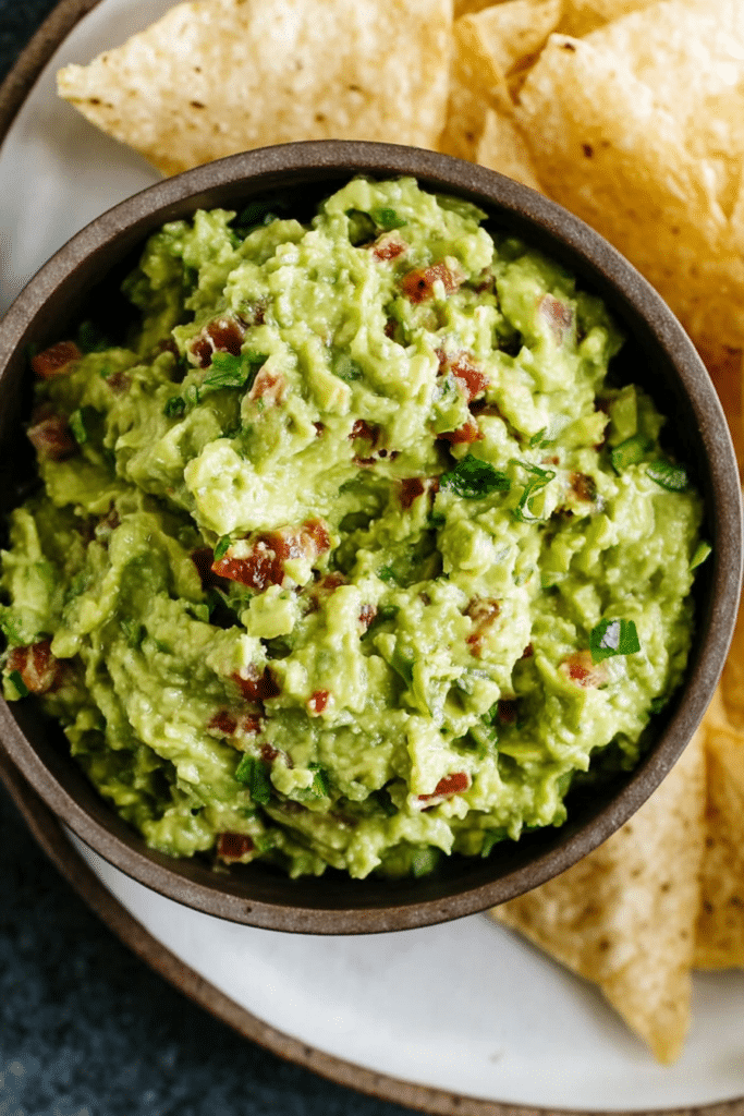 Freshly made guacamole in a bowl with tortilla chips, cilantro, and lime slices on a rustic wooden table.