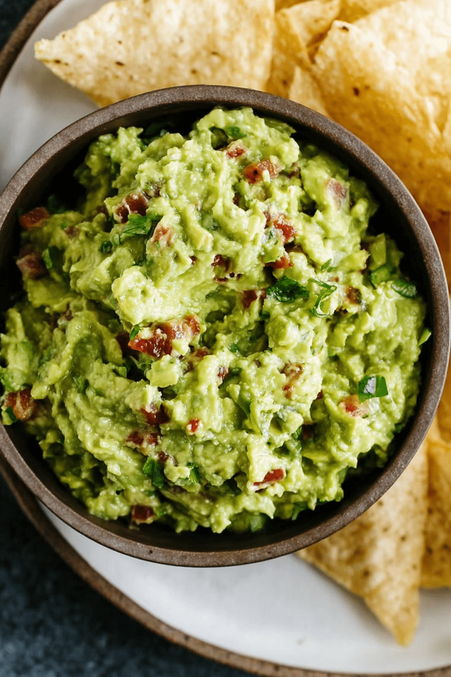 Freshly made guacamole in a bowl with tortilla chips, cilantro, and lime slices on a rustic wooden table.