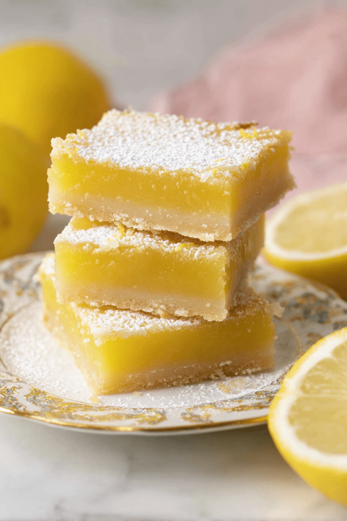 Delicious lemon bars dusted with powdered sugar on a white plate, garnished with lemon slices and mint leaves.