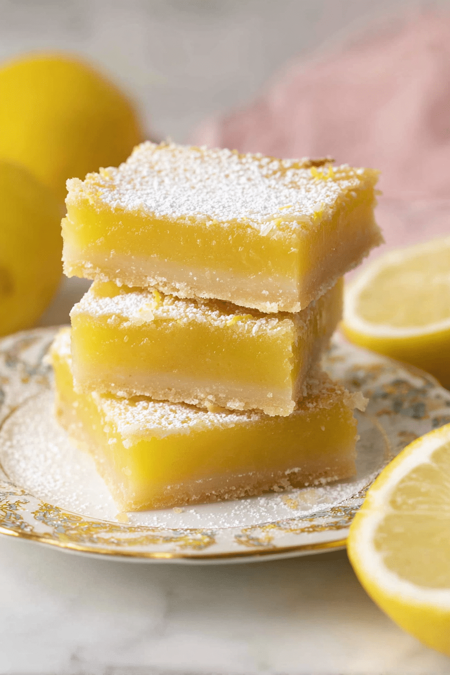 Delicious lemon bars dusted with powdered sugar on a white plate, garnished with lemon slices and mint leaves.