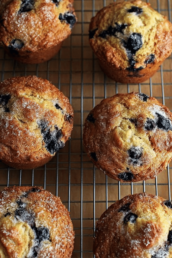 A plate of freshly baked lemon-blueberry muffins with blueberries and a lemon in the background.