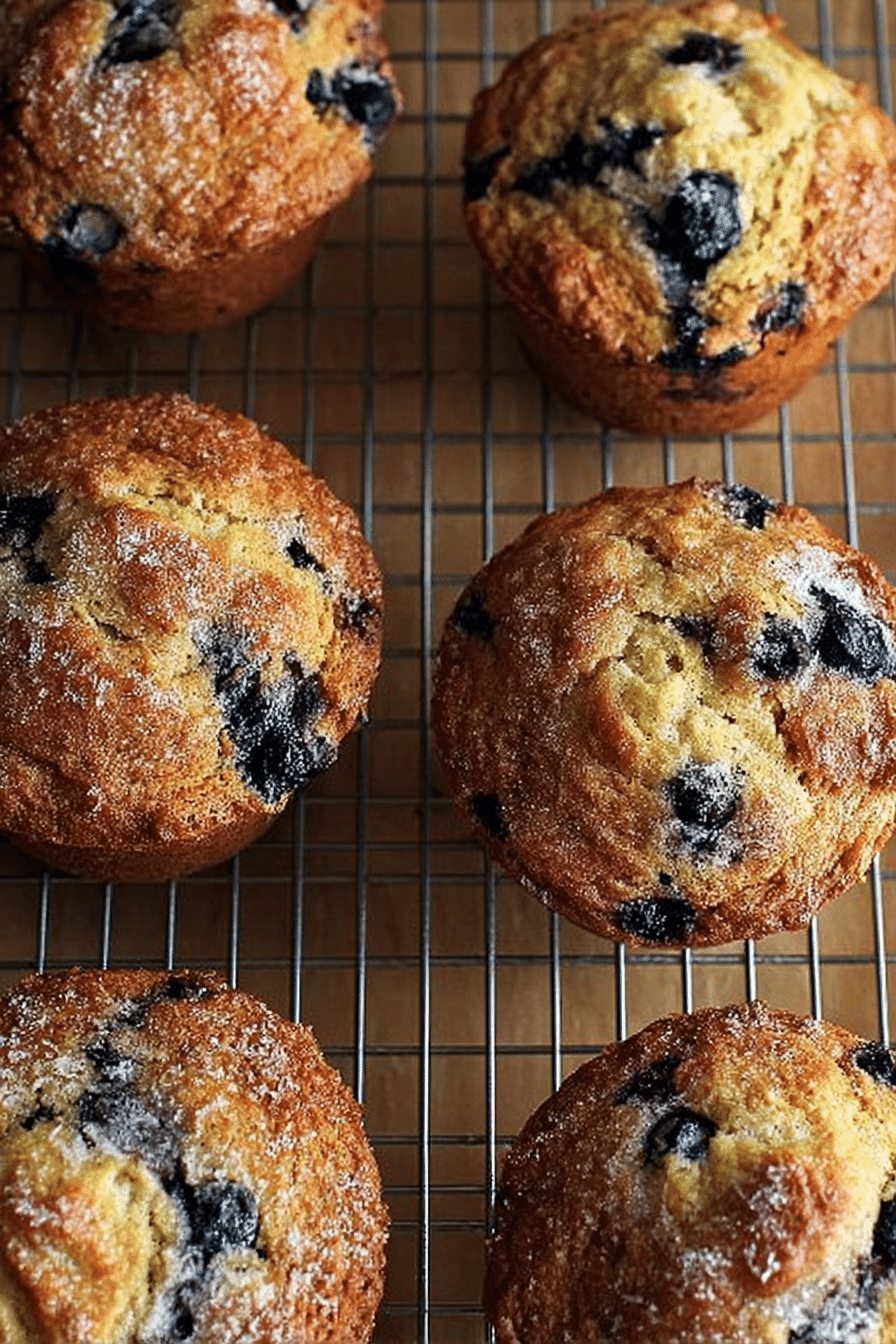 A plate of freshly baked lemon-blueberry muffins with blueberries and a lemon in the background.