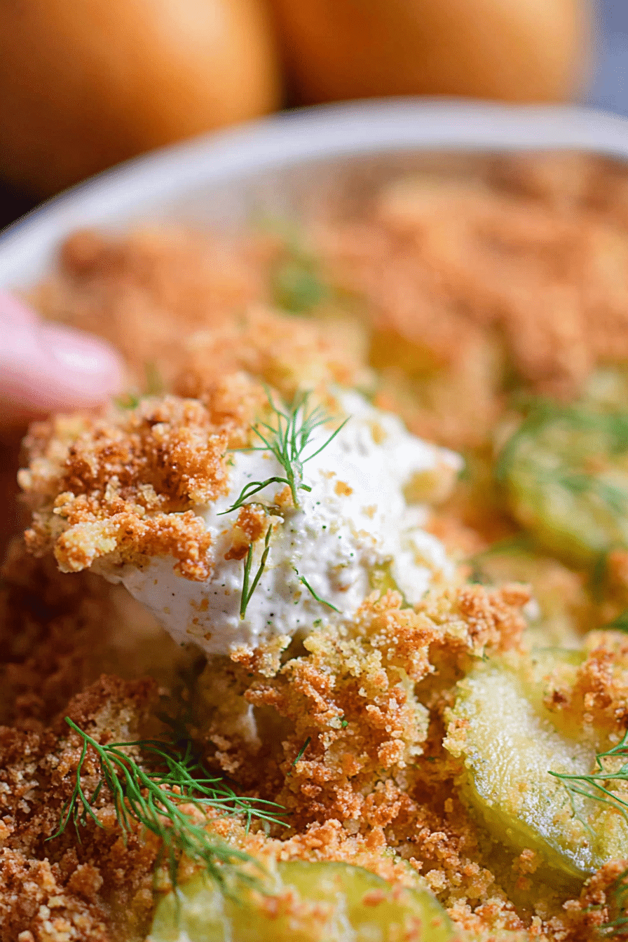 A bowl of fried pickle dip on a wooden table, accompanied by chips and fresh veggies, perfect for entertaining.