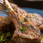 Garlic and herb crusted lamb chops served on a plate with roasted vegetables and parsley garnish.