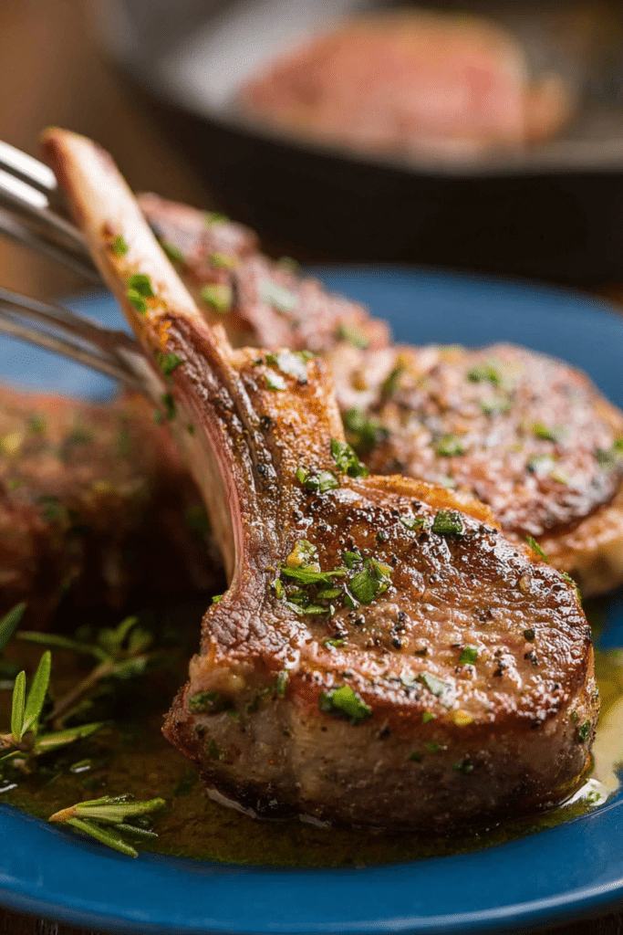 Garlic and herb crusted lamb chops served on a plate with roasted vegetables and parsley garnish.
