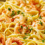Garlic butter shrimp pasta served on a plate with lemon and parsley garnish