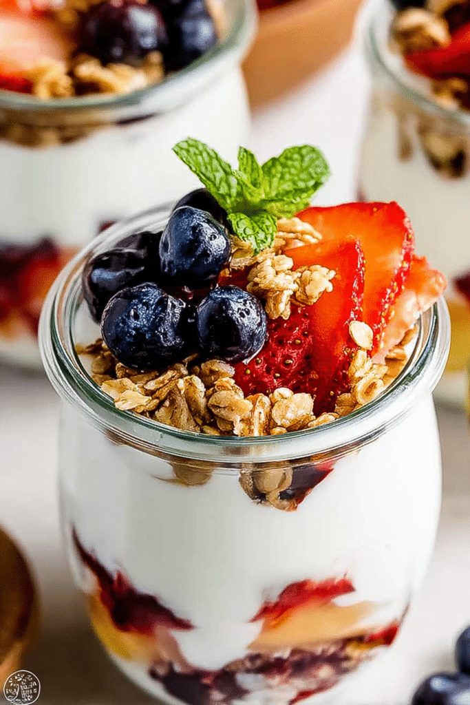 Delicious Greek yogurt parfait layered with fresh berries and crunchy granola in a glass jar.