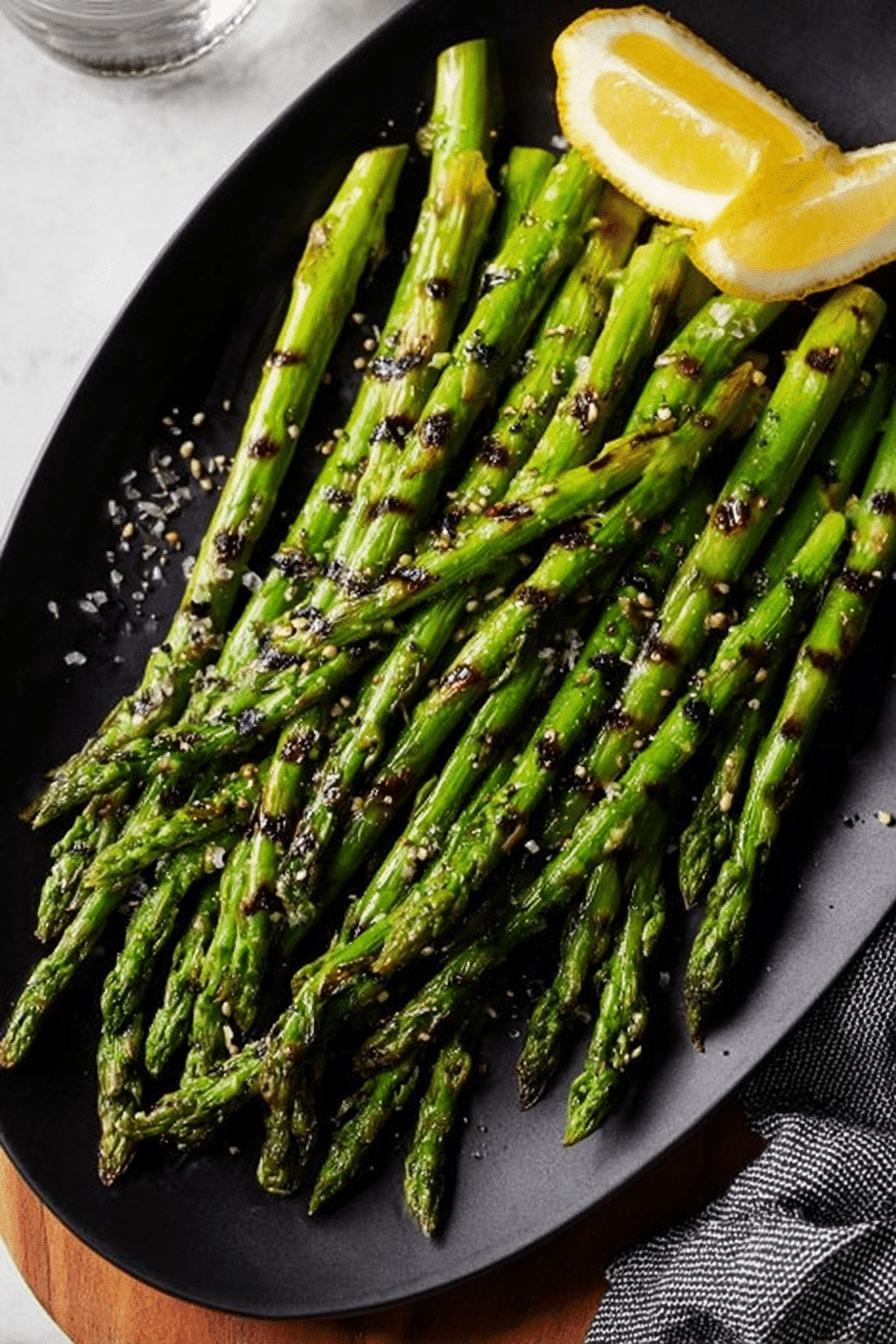 Deliciously grilled asparagus garnished with lemon wedges on a wooden table.