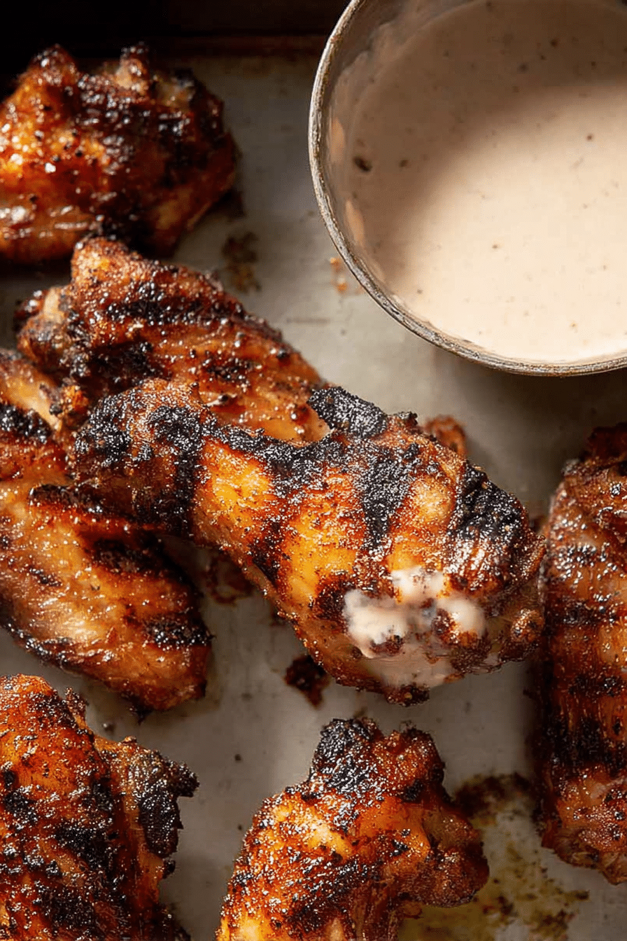 Crispy grilled chicken wings with a flavorful dry rub served with dipping sauce and herbs.