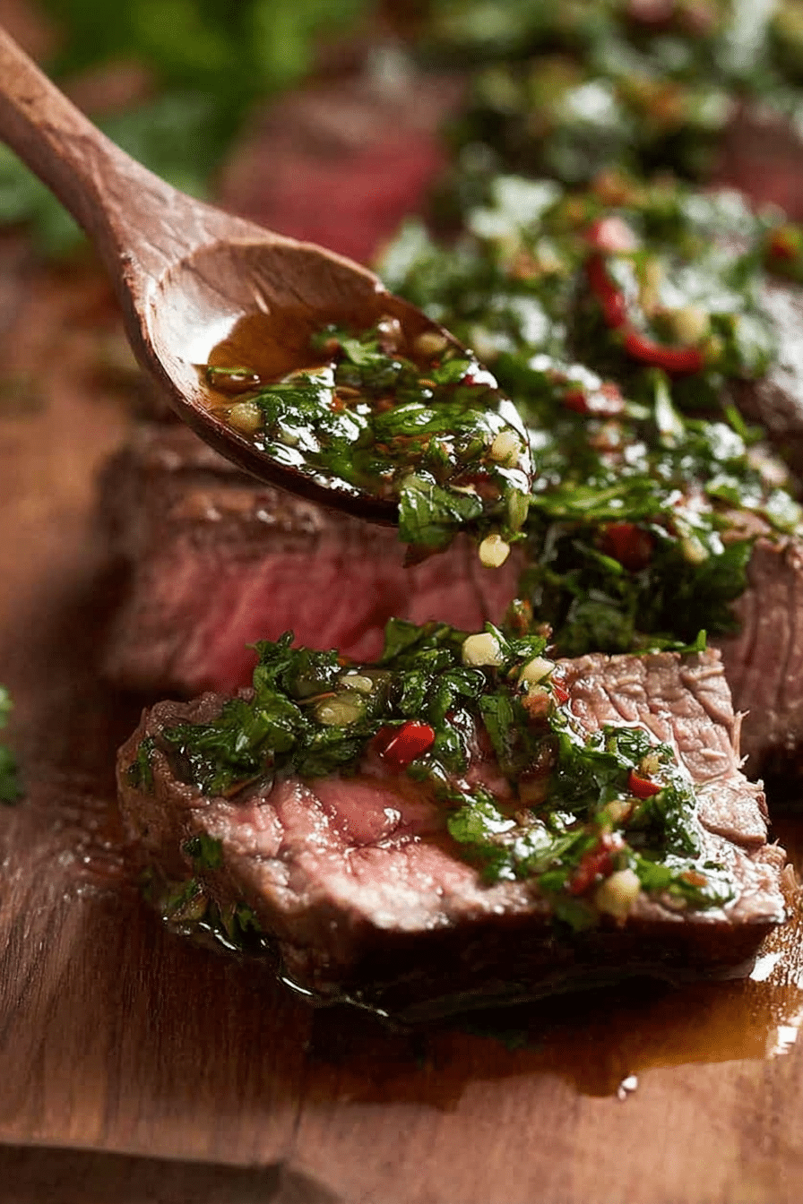 Grilled chimichurri steak with fresh herbs and lime slices on a wooden cutting board.