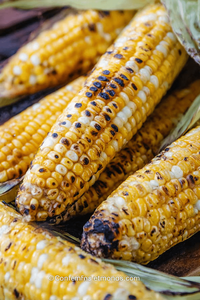 Grilled corn on the cob with butter and salt on a wooden table