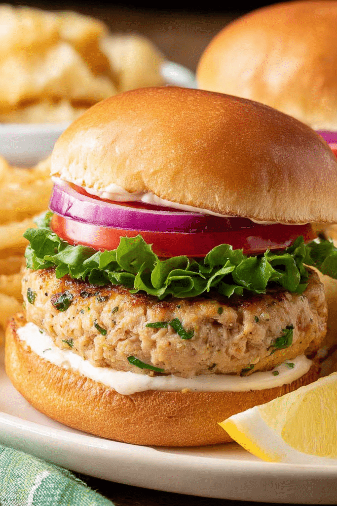 Grilled ground chicken burger garnished with fresh lettuce, tomato, and red onions on a wooden table.