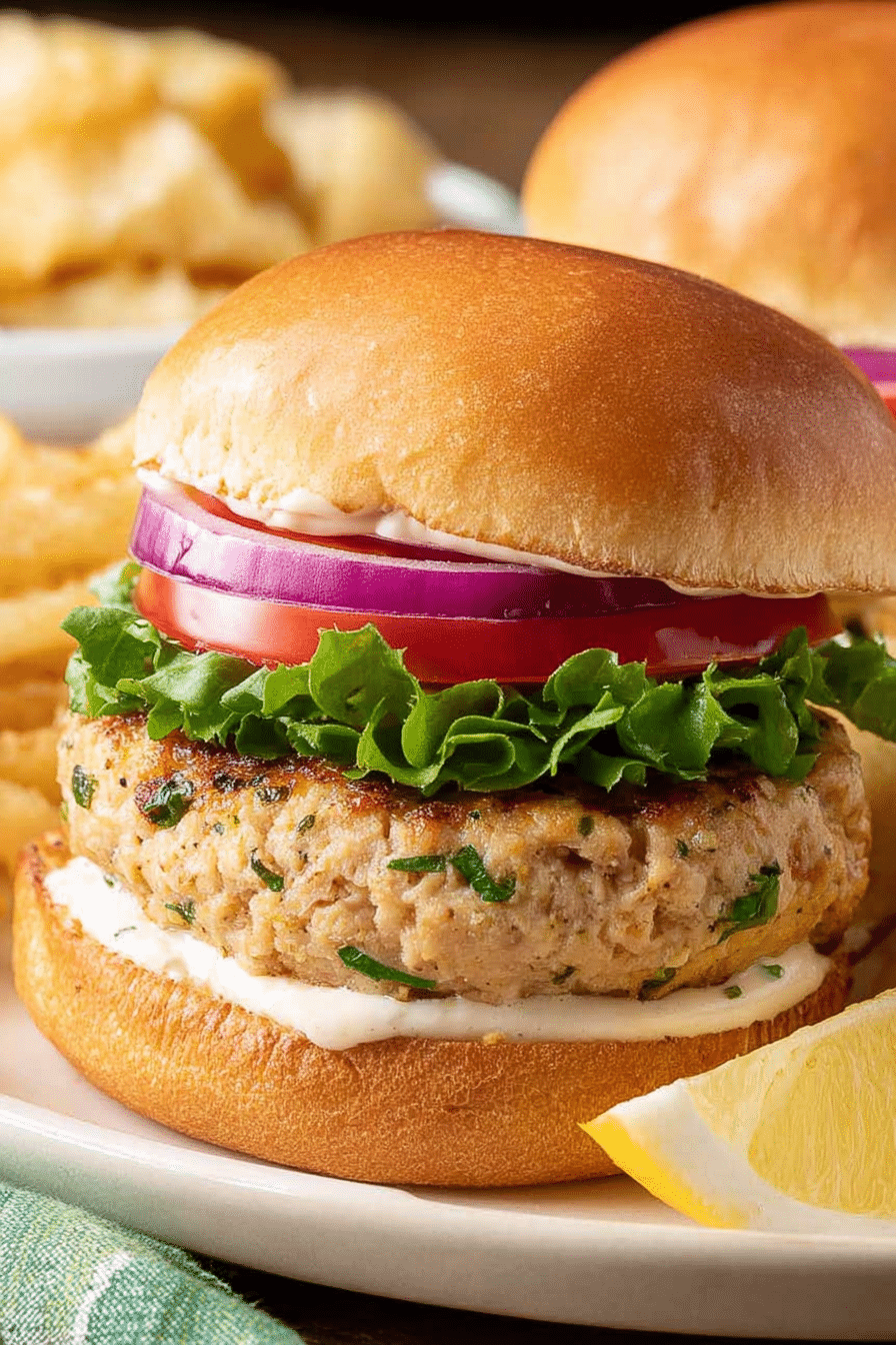 Grilled ground chicken burger garnished with fresh lettuce, tomato, and red onions on a wooden table.