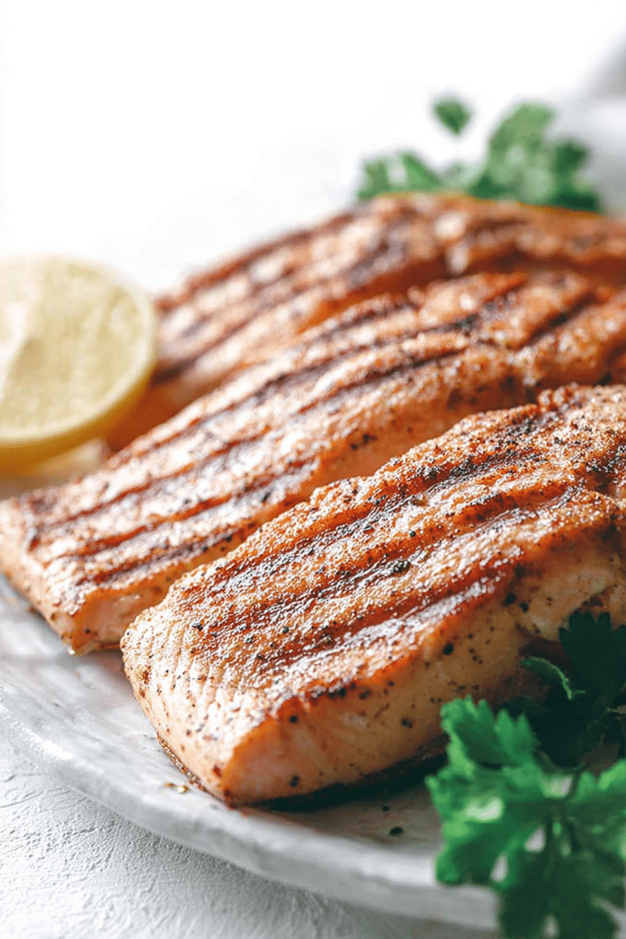 Delicious grilled salmon fillet garnished with lemon wedges and fresh herbs, perfect for an easy grilled salmon recipe.