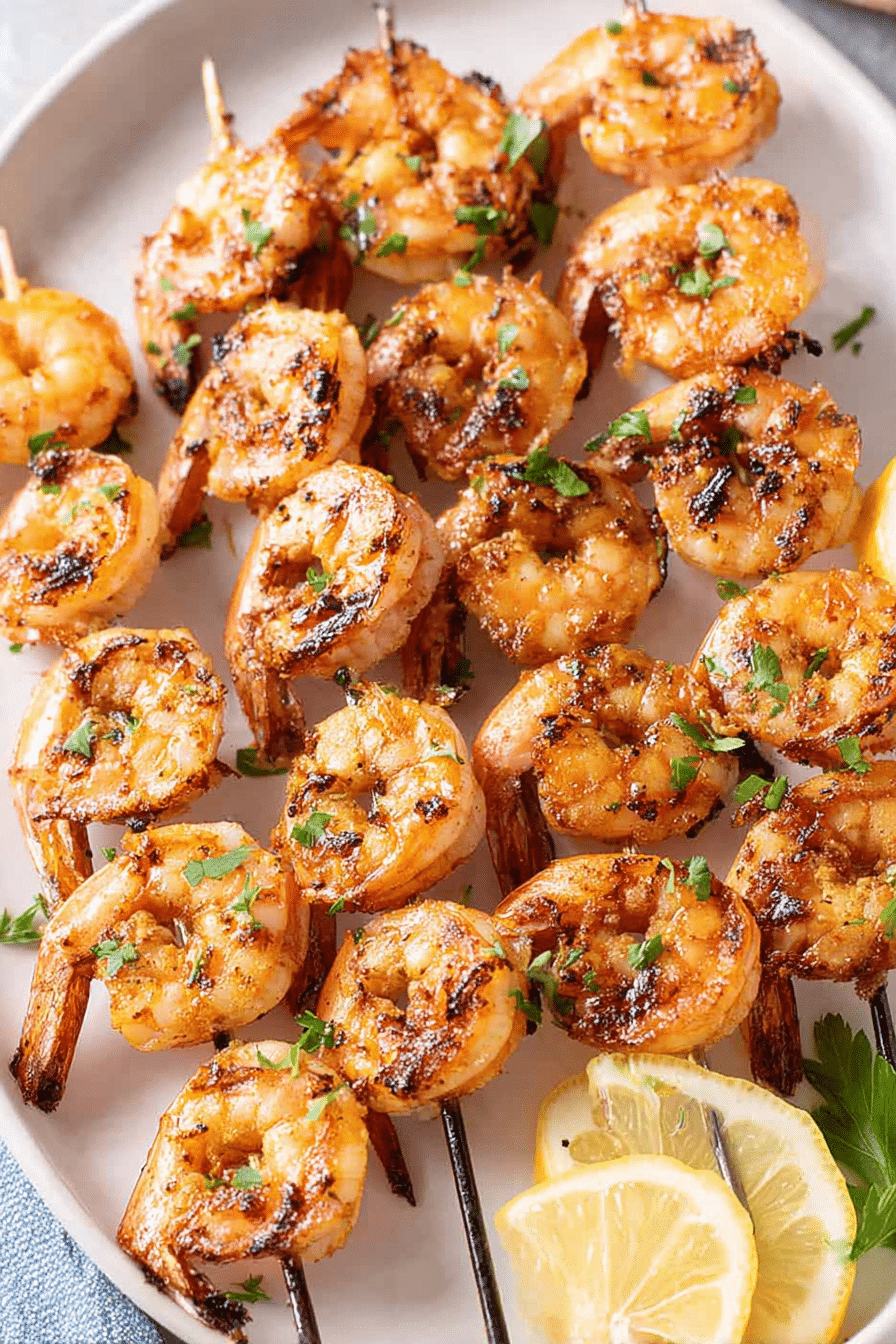 Delicious grilled shrimp skewers with parsley and lemon slices on a wooden platter.