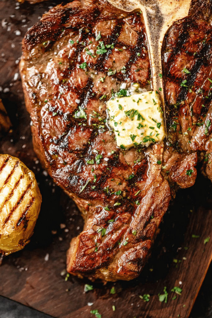 Grilled T-Bone steak on a cutting board with herbs and cowboy butter