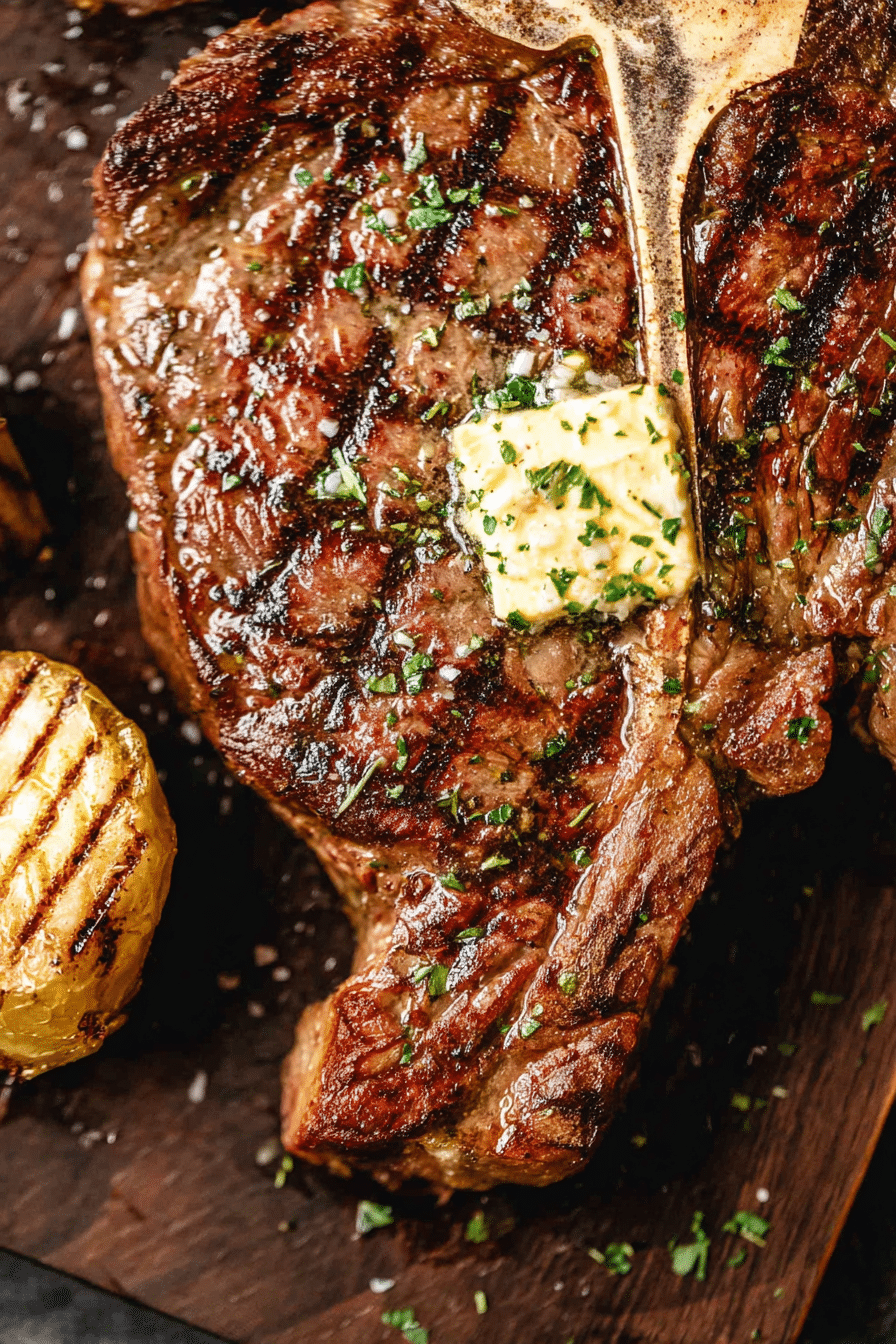 Grilled T-Bone steak on a cutting board with herbs and cowboy butter