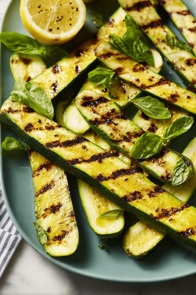 Delicious grilled zucchini garnished with fresh herbs and lemon on a wooden table.