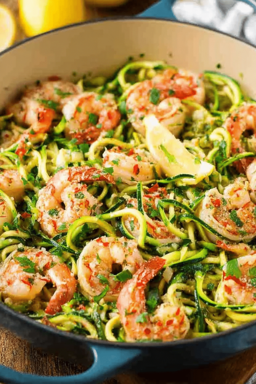 Healthy shrimp scampi with zucchini noodles garnished with parsley and lemon on a white plate