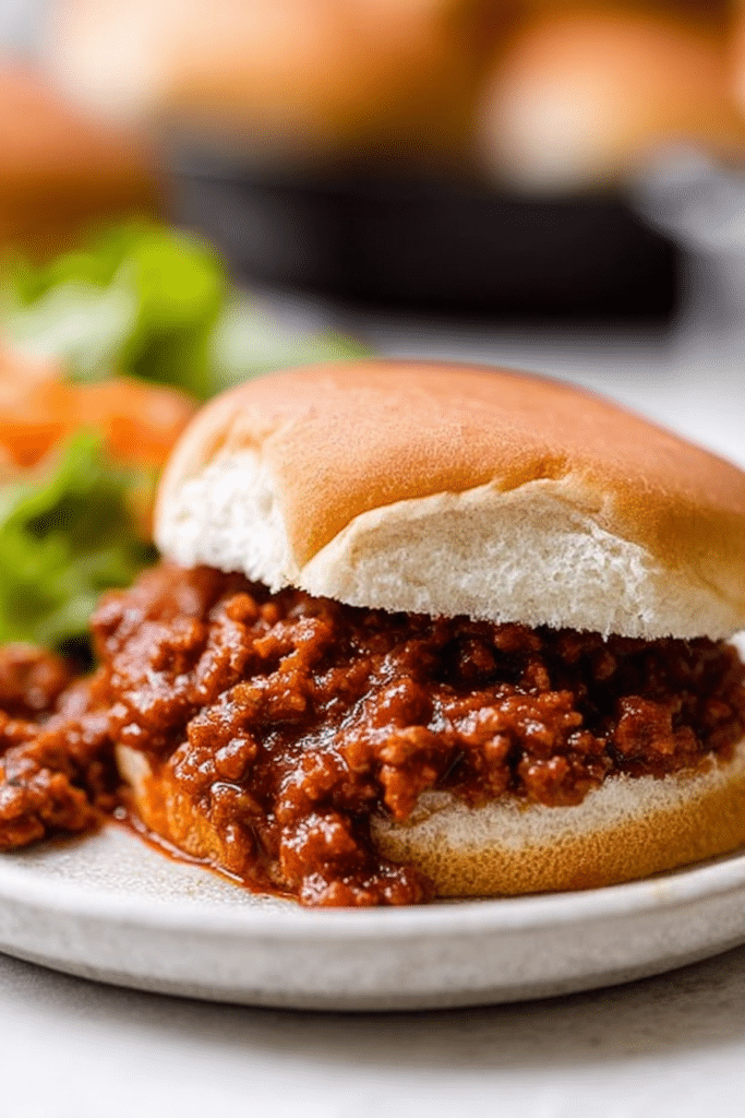 Homemade sloppy joe on a toasted bun with fries, perfect for dinner.