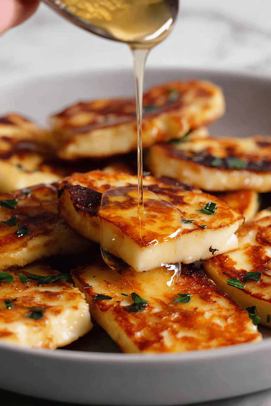 Aromatic honey glazed halloumi cheese garnished with thyme and lemon slices on a wooden table.