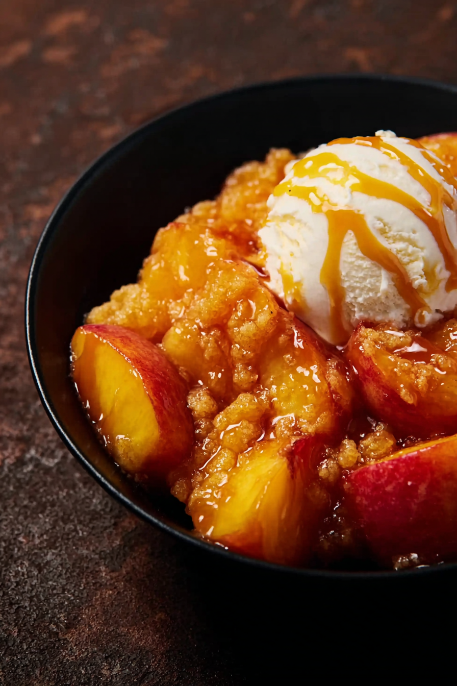 Slice of Hot Honey Peaches and Cream Dump Cake on a plate with vanilla ice cream and Hot Honey drizzle