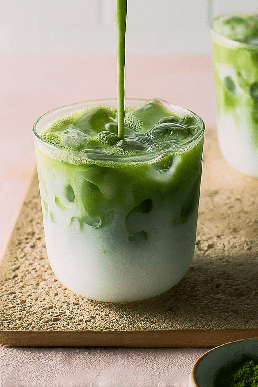 Iced matcha latte in a glass with ice, topped with matcha powder and surrounded by green tea leaves.