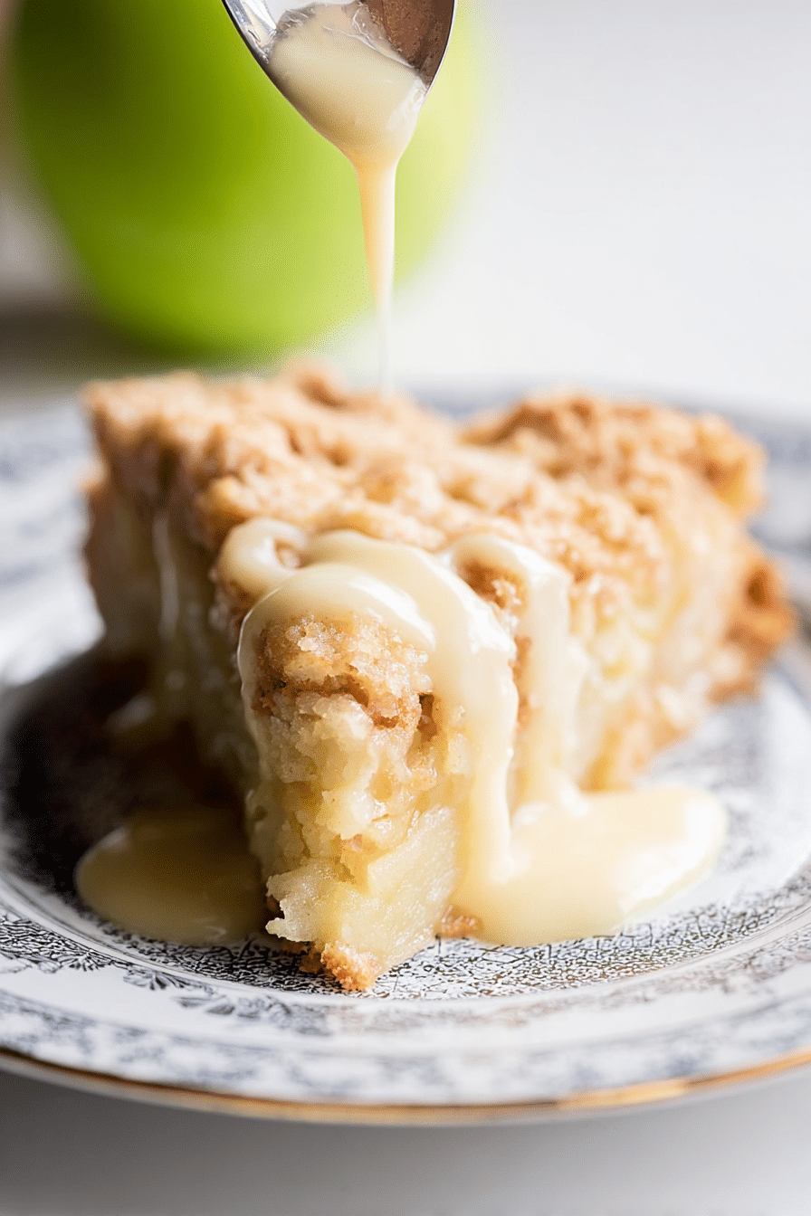 Irish Apple Cake served with fresh apples and cinnamon sticks, dusted with confectioner's sugar on a wooden table.