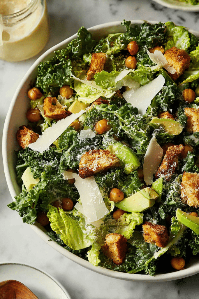 Vibrant kale Caesar salad with croutons and avocado in a wooden bowl