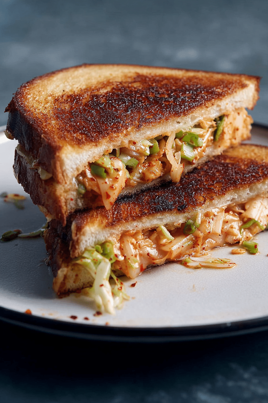 Kimchi grilled cheese sandwich showcasing melted cheese and kimchi, served with pickles.