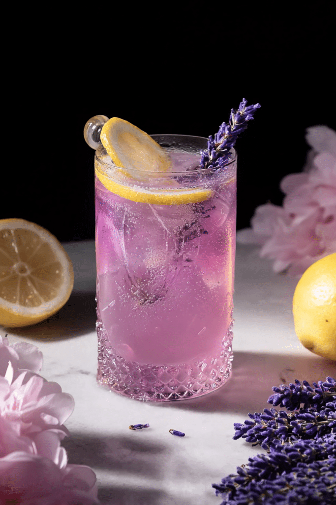 Refreshing lavender lemonade served in a highball glass with ice, garnished with a lemon wheel and lavender, perfect for spring.