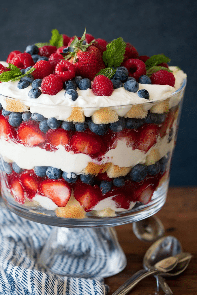 Close-up of a colorful berry trifle with layers of strawberries, blueberries, and whipped cream in a glass dish.